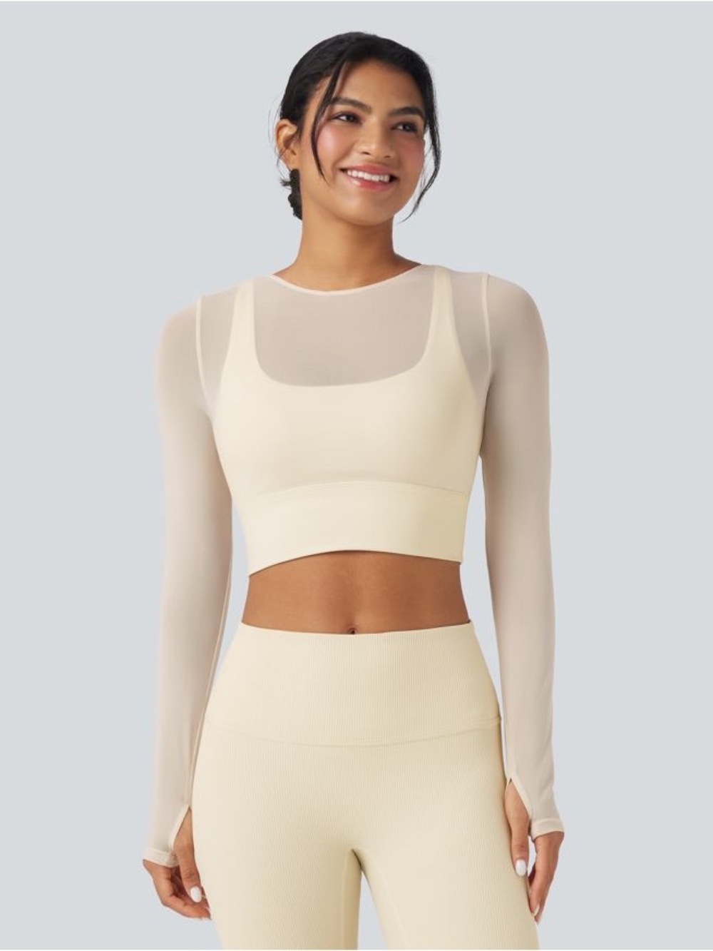 NWT Halara 2-in-1 Mesh Cropped Yoga Top Womens XL Ivory Thumb Hole Long Sleeve